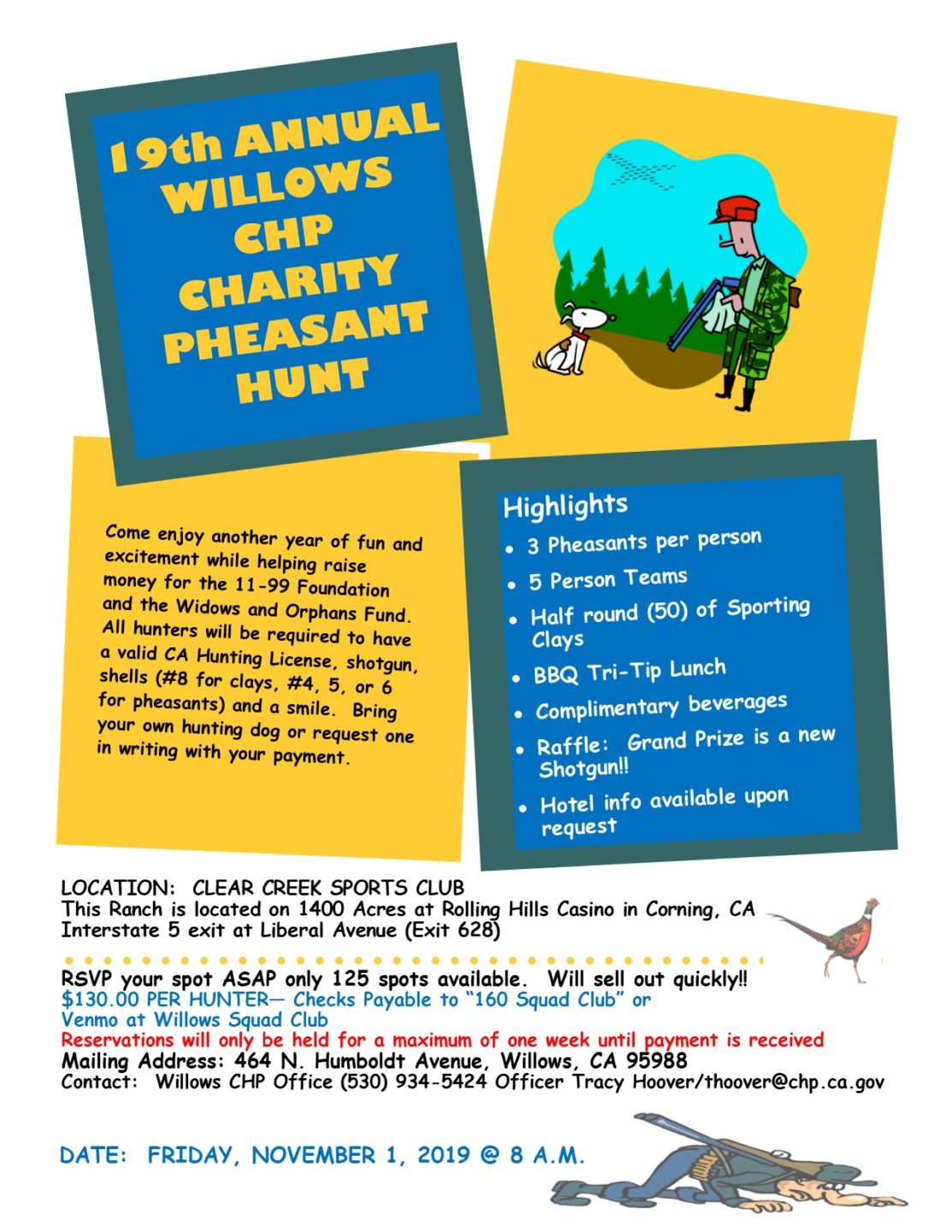19th Annual Willows CHP Charity Pheasant Hunt benefiting CHP 11-99 Foundation